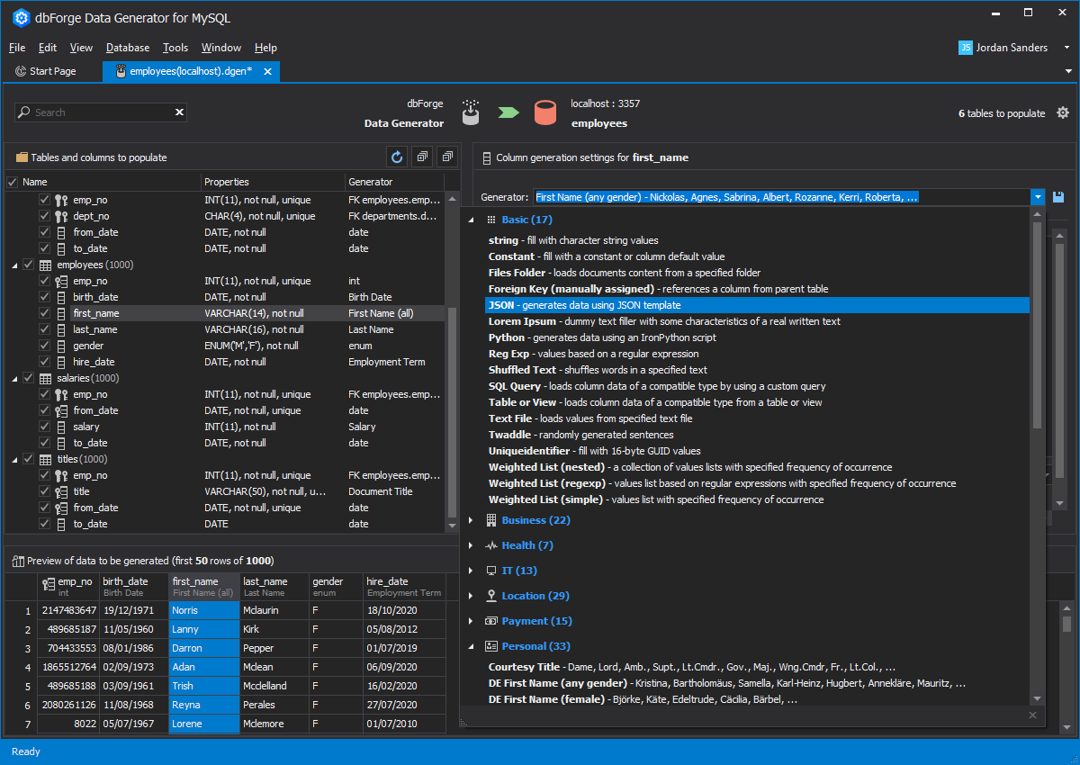 The list of basic random data generators within dbForge Data Generator for MySQL