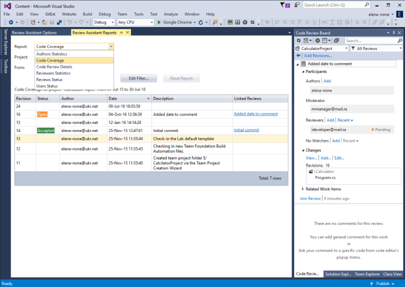 Code review reports and statistics