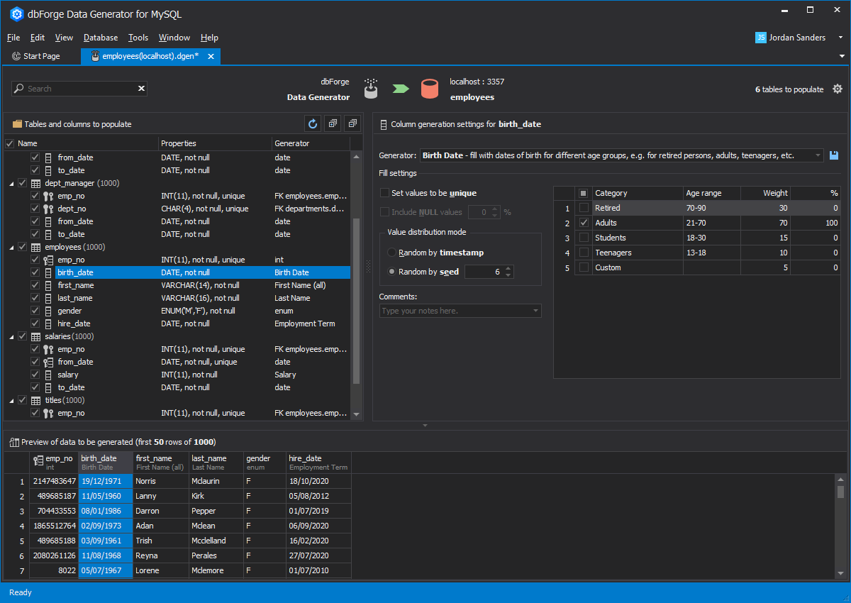 Supported column data types in Data Generator for MySQL