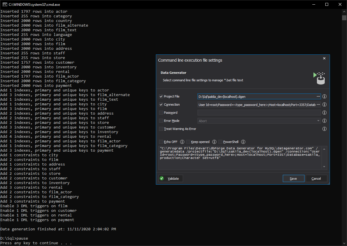 The command line execution file in dbForge Data Generator