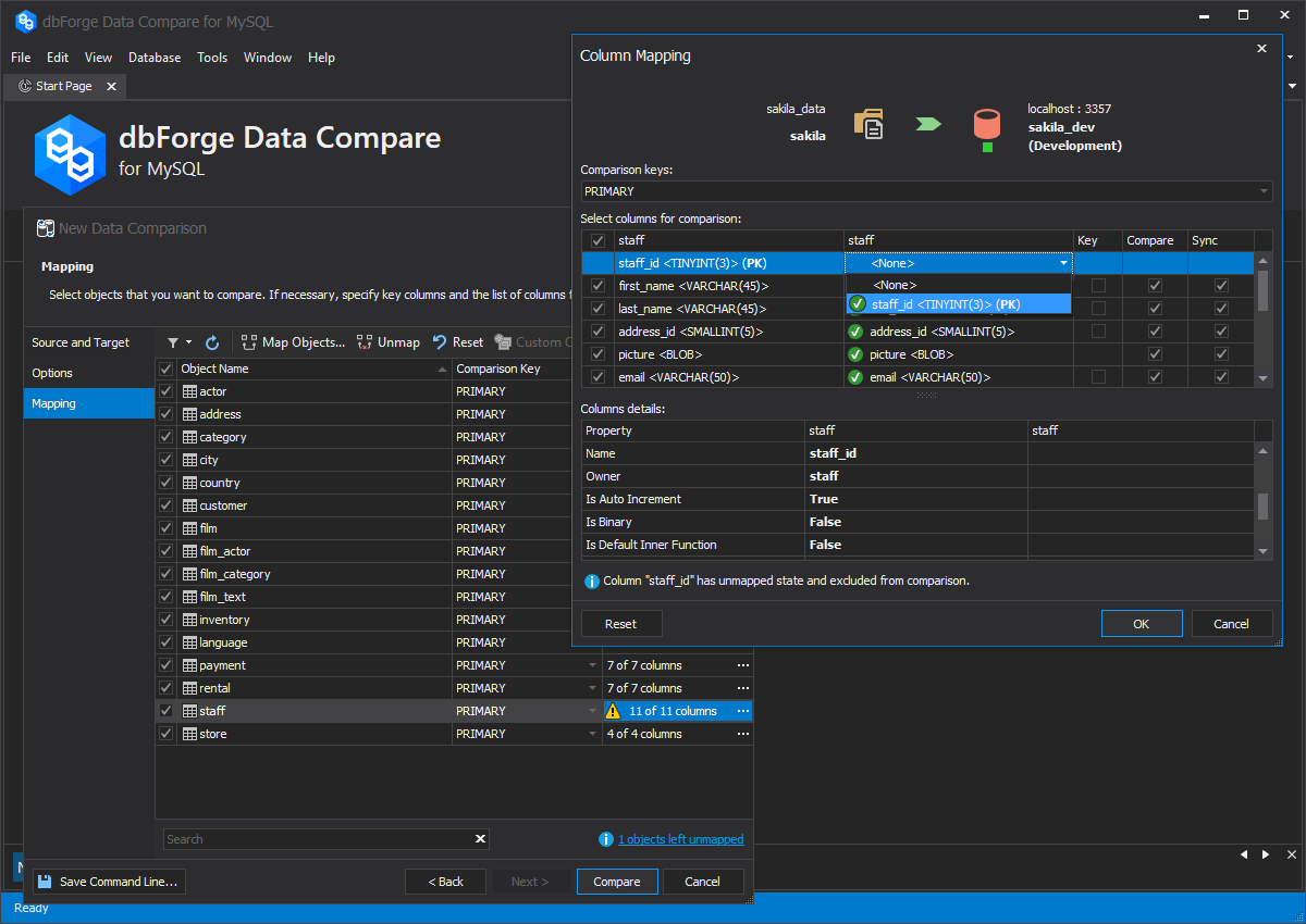 Column mapping in Compare Bundle for MySQL