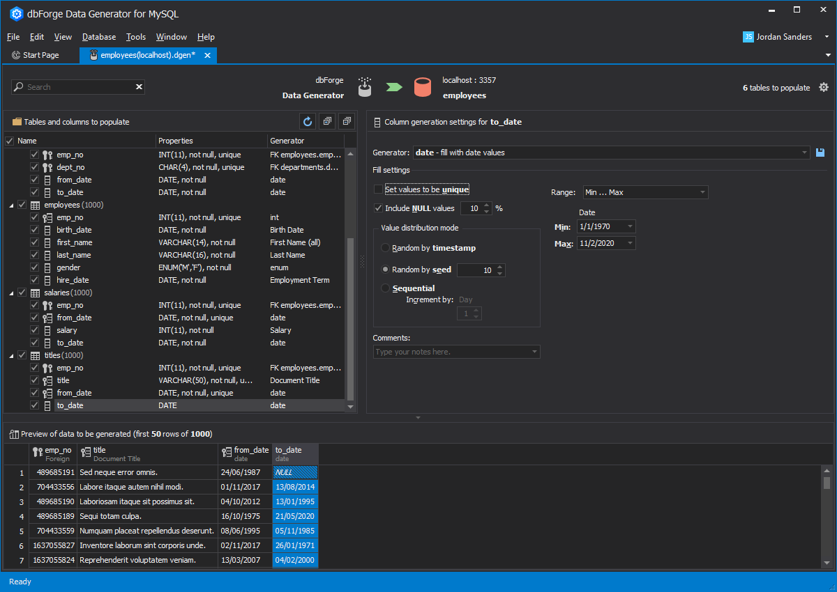 Column generation settings within dbForge Data Generator