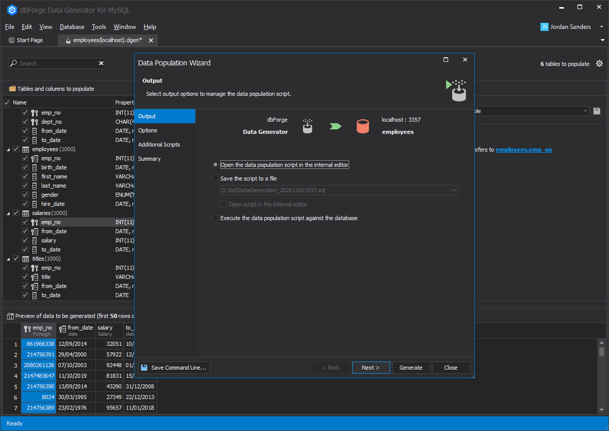 Data Population Wizard provides several ways to manage the population script