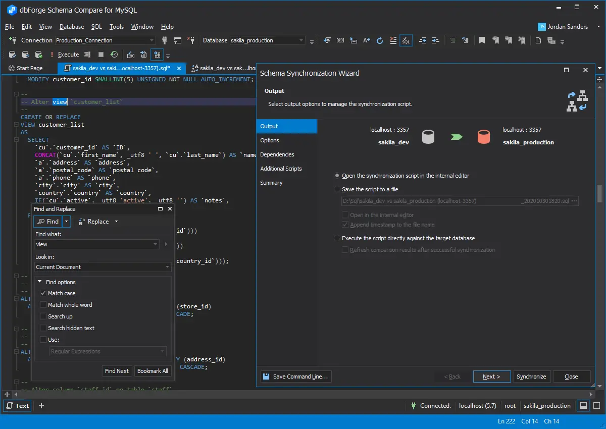 Schema Synchronization Wizard displaying the comparison output